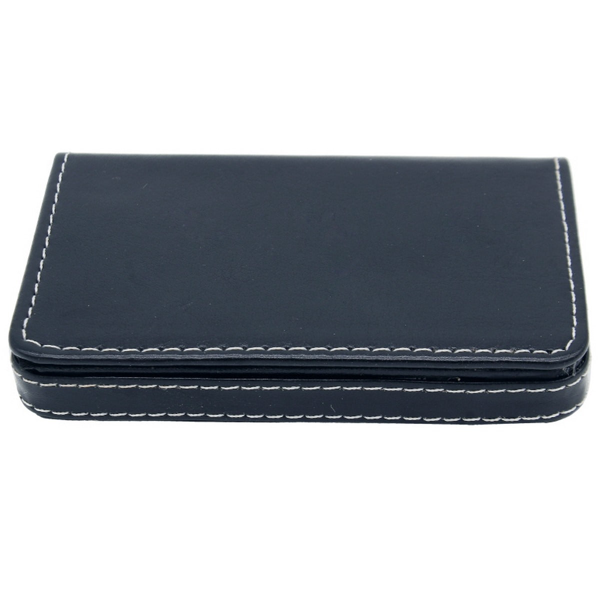 Classic Navy Blue Leatherette Card Holder with White Stitching