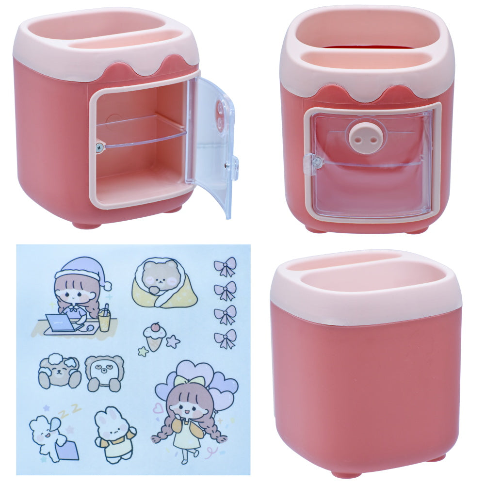 Cute Dual-Compartment Pen Holder with Mini Drawer
