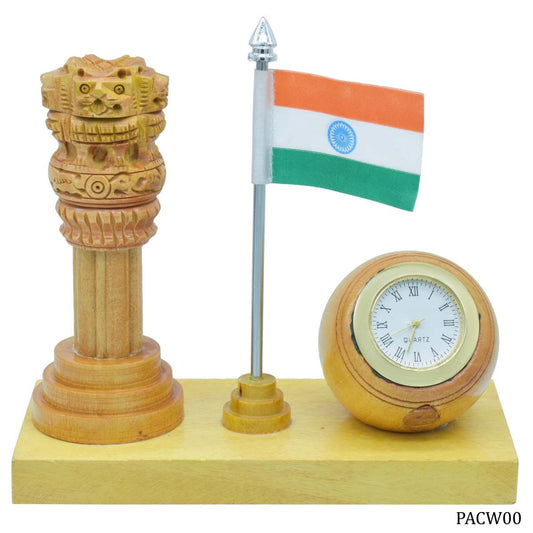Wooden Ashoka Pillar with Indian Flag & Clock – Tabletop Patriotic Combo