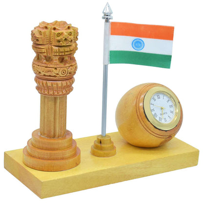 Wooden Ashoka Pillar with Indian Flag & Clock – Tabletop Patriotic Combo
