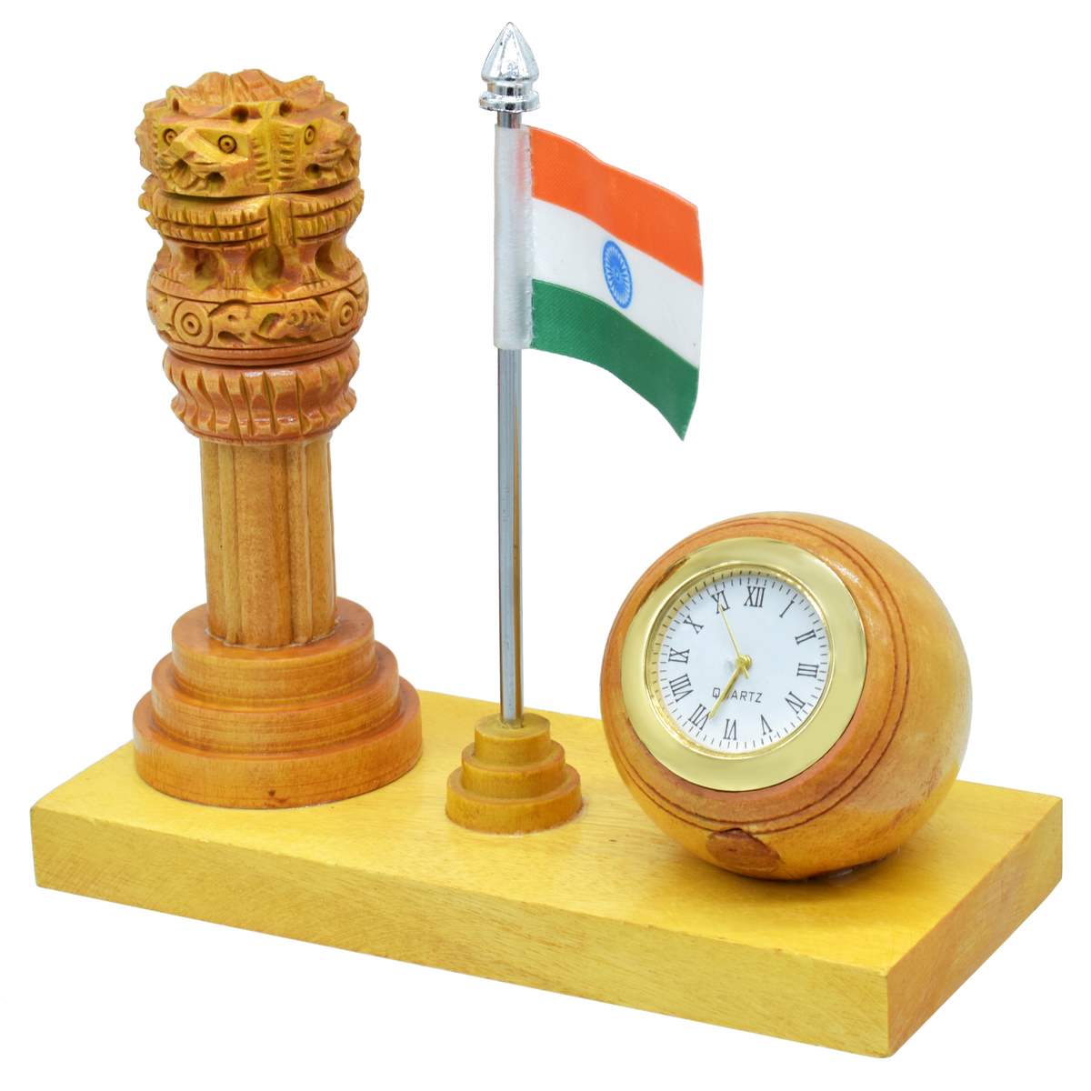 Wooden Ashoka Pillar with Indian Flag & Clock – Tabletop Patriotic Combo