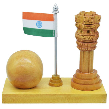 Wooden Ashoka Pillar with Indian Flag & Clock – Tabletop Patriotic Combo