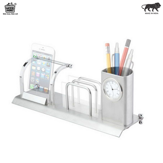 Multi-Functional Desktop Organizer with Clock – Silver Finish