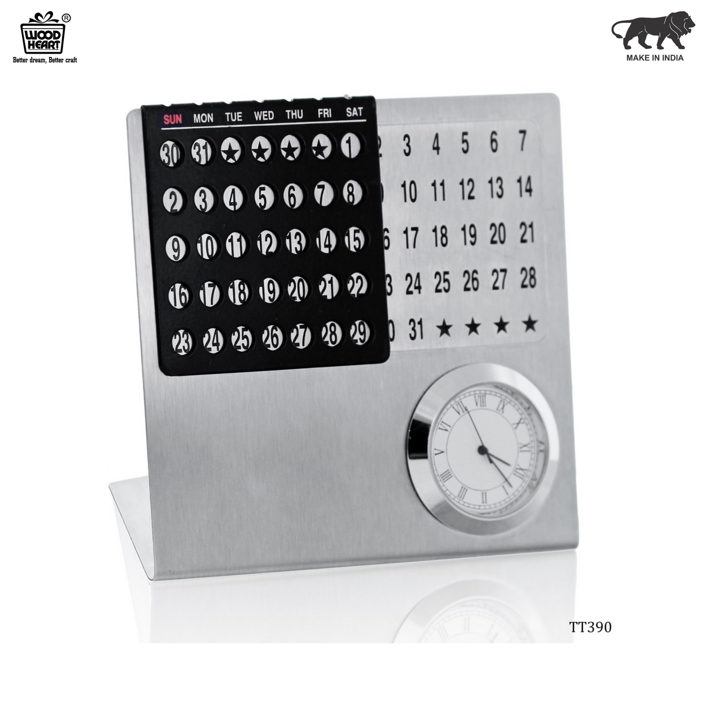 Metal Desktop Perpetual Calendar with Analog Clock