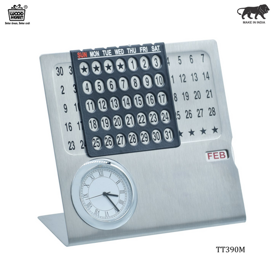 Brushed Metal Perpetual Calendar with Clock & Month Indicator