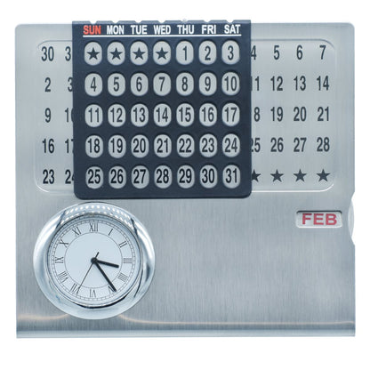 Brushed Metal Perpetual Calendar with Clock & Month Indicator