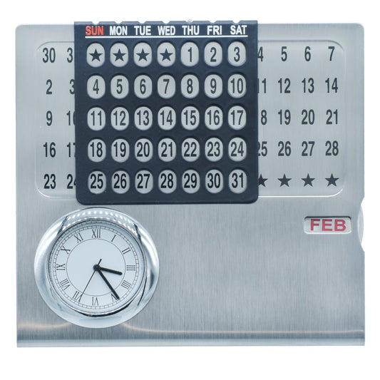 Brushed Metal Perpetual Calendar with Clock & Month Indicator