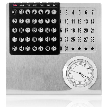 Metal Desktop Perpetual Calendar with Analog Clock