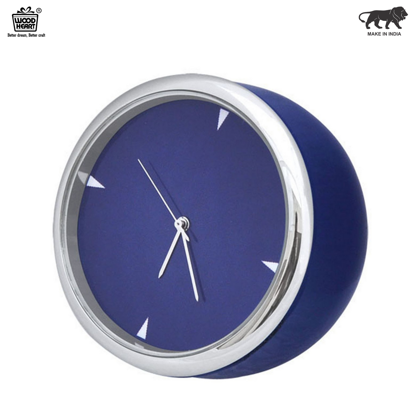 Wood Heart Modern Desk Clock – Blue Dial with Chrome Trim
