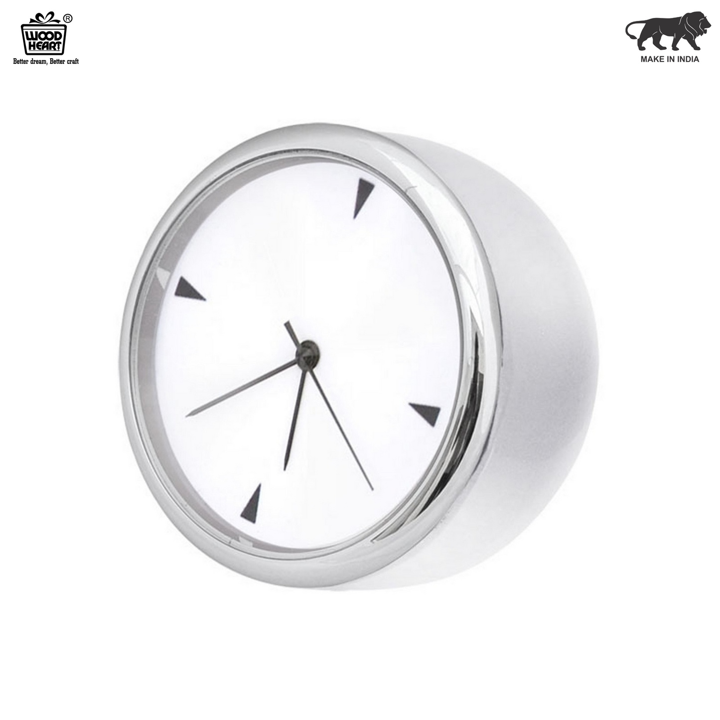 Wood Heart White Finish Mini Desk Clock – Sleek Chrome Frame