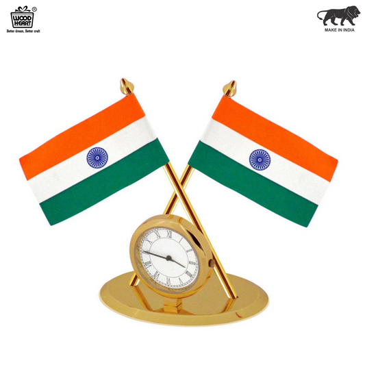 Premium Dual Indian Flag Table Clock Stand – WoodHeart Make in India Edition
