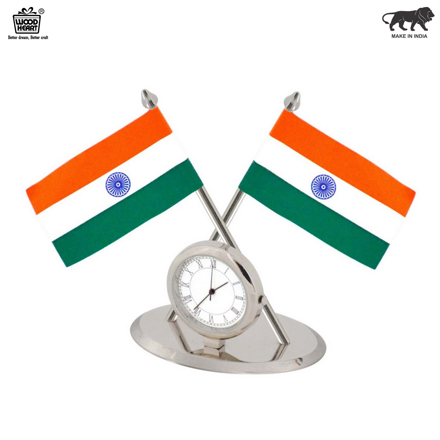 Elegant Silver Dual Indian Flag Table Clock Stand – WoodHeart Make in India Edition