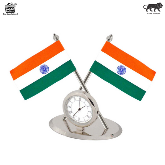 Elegant Silver Dual Indian Flag Table Clock Stand – WoodHeart Make in India Edition
