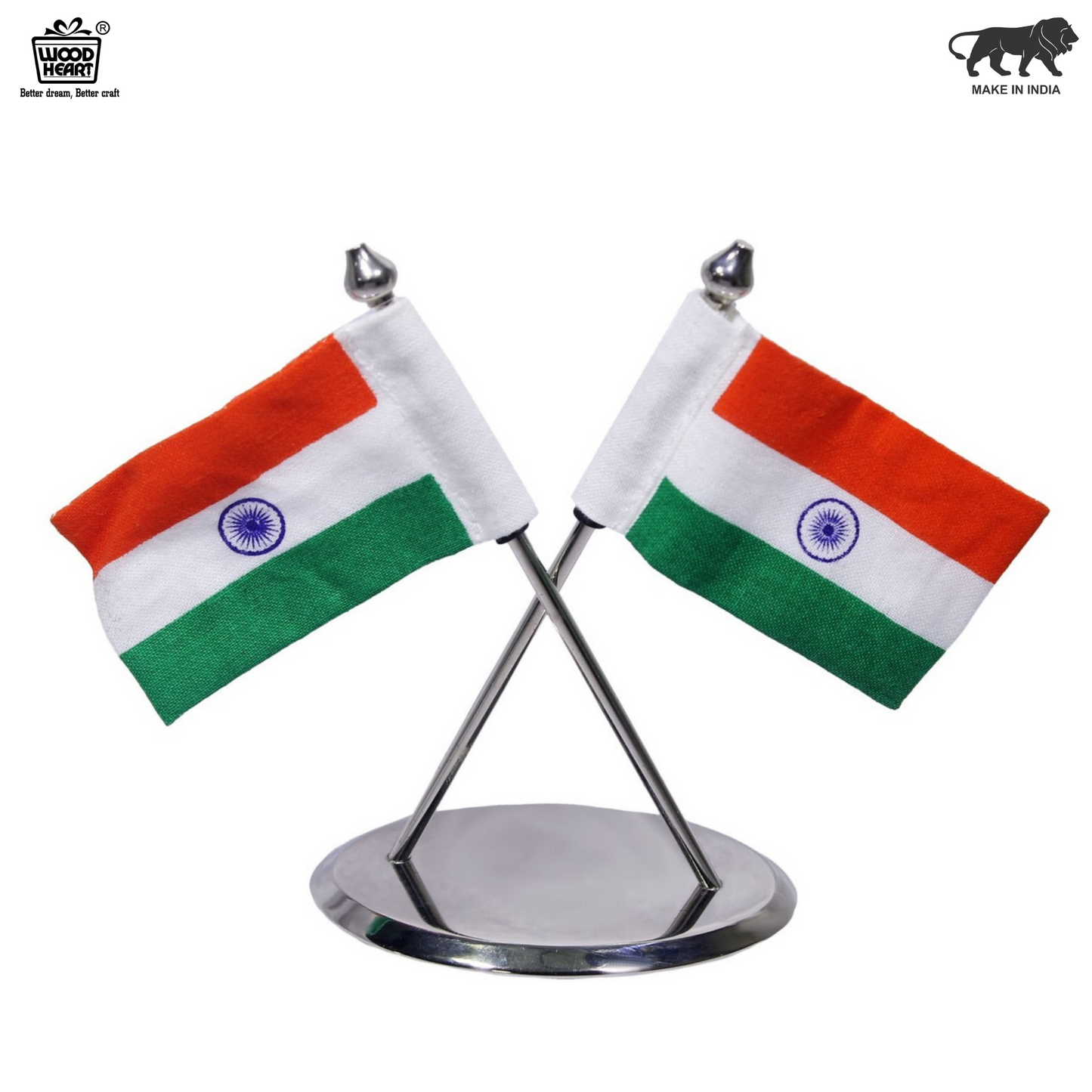 Dual Indian National Flag with Chrome Finish Metal Stand – Mini Desk Flag Set