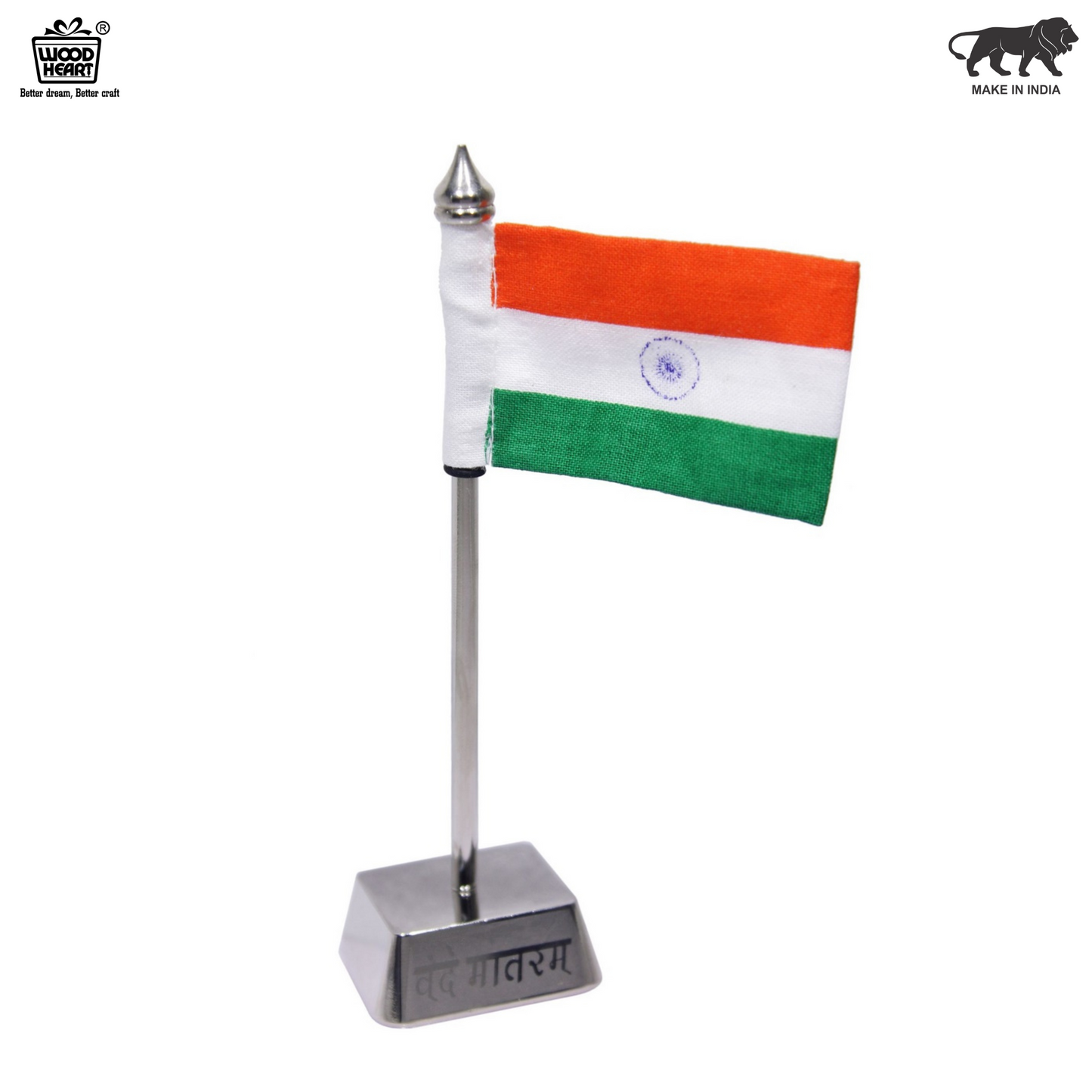 Single Indian Table Flag with Stainless Steel Base – “वन्दे मातरम्” Engraved (Make in India)