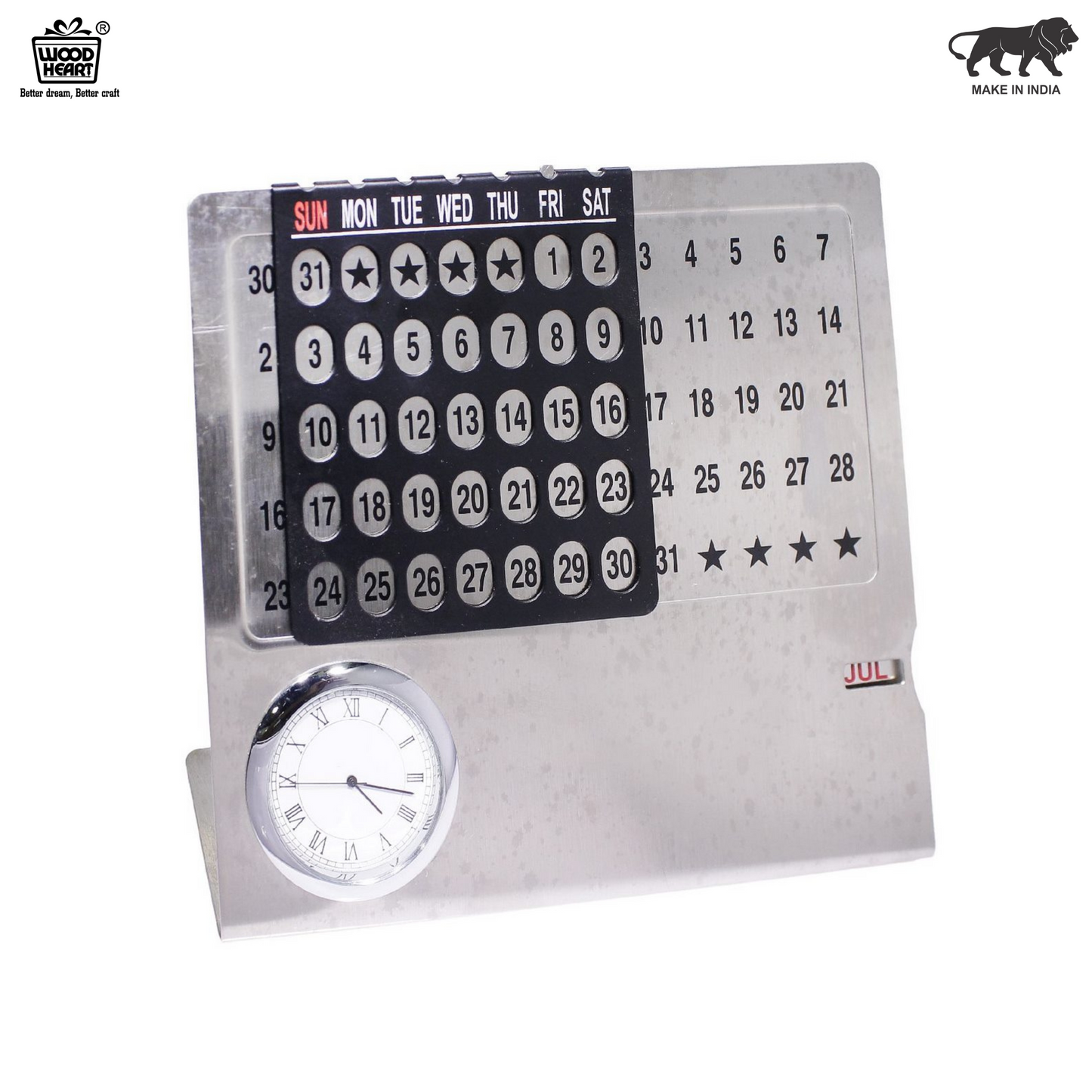 Wood Heart Perpetual Metal Calendar with Clock