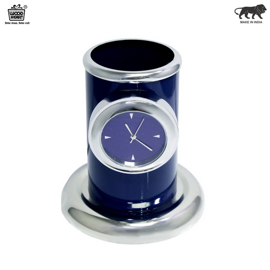 Wood Heart Blue Pen Stand with Analog Clock