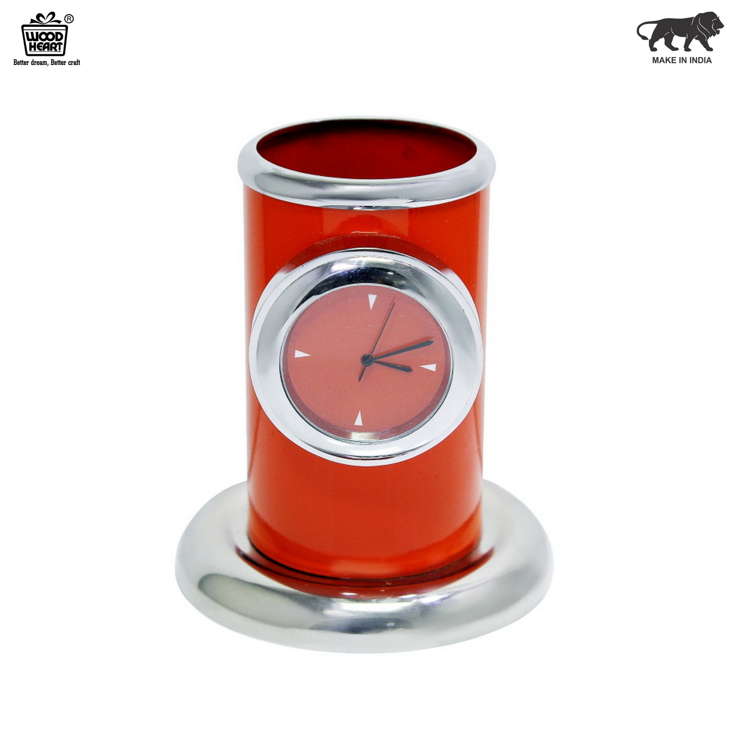 Wood Heart Red Pen Stand with Analog Clock