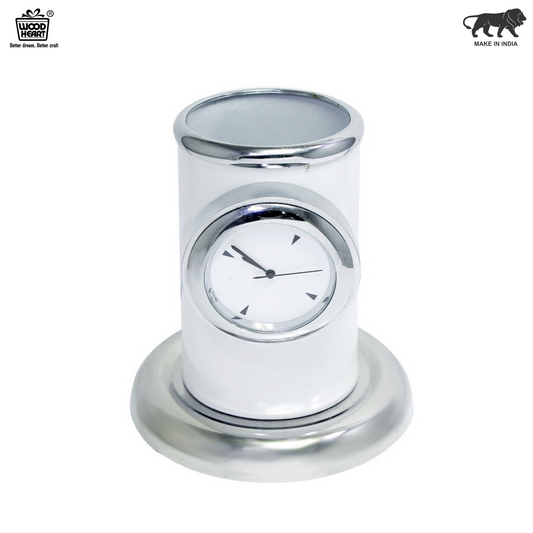 Wood Heart White Pen Stand with Analog Clock