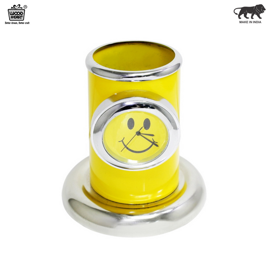 Wood Heart Yellow Pen Stand with Smiley Face Clock