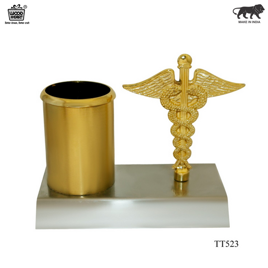 Wood Heart Doctor's Desk Pen Stand with Caduceus Emblem