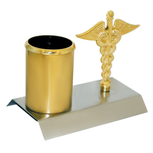 Wood Heart Doctor's Desk Pen Stand with Caduceus Emblem
