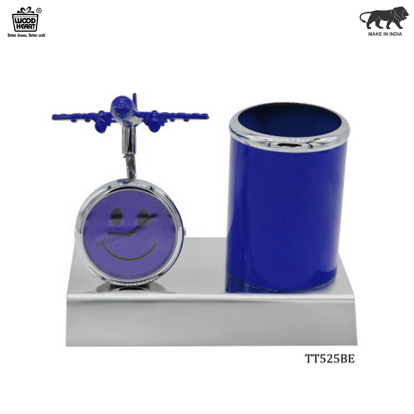 Wood Heart Airplane Clock & Pen Stand with Smiley Dial