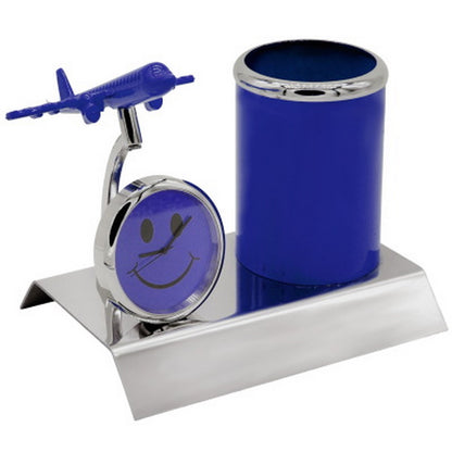 Wood Heart Airplane Clock & Pen Stand with Smiley Dial