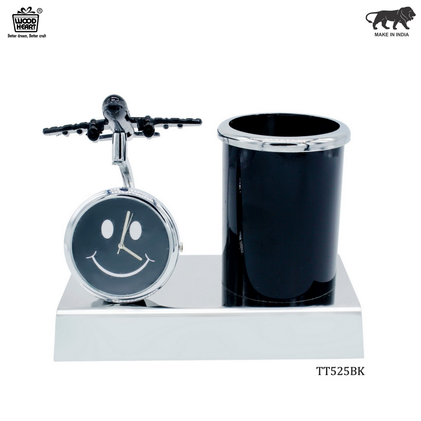 Wood Heart Airplane Clock & Pen Stand with Smiley Dial