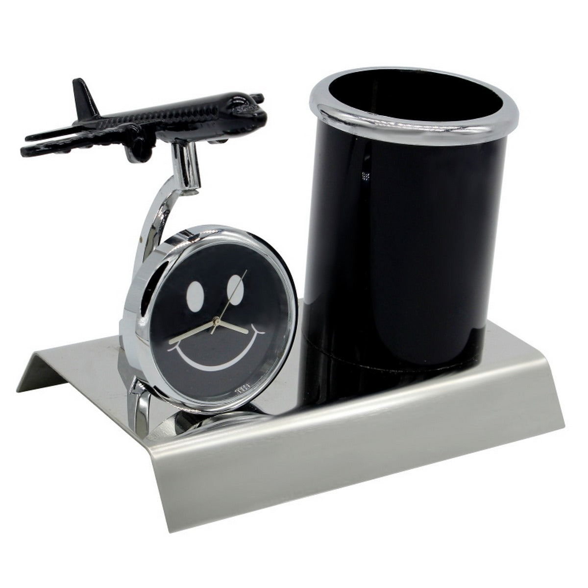 Wood Heart Airplane Clock & Pen Stand with Smiley Dial