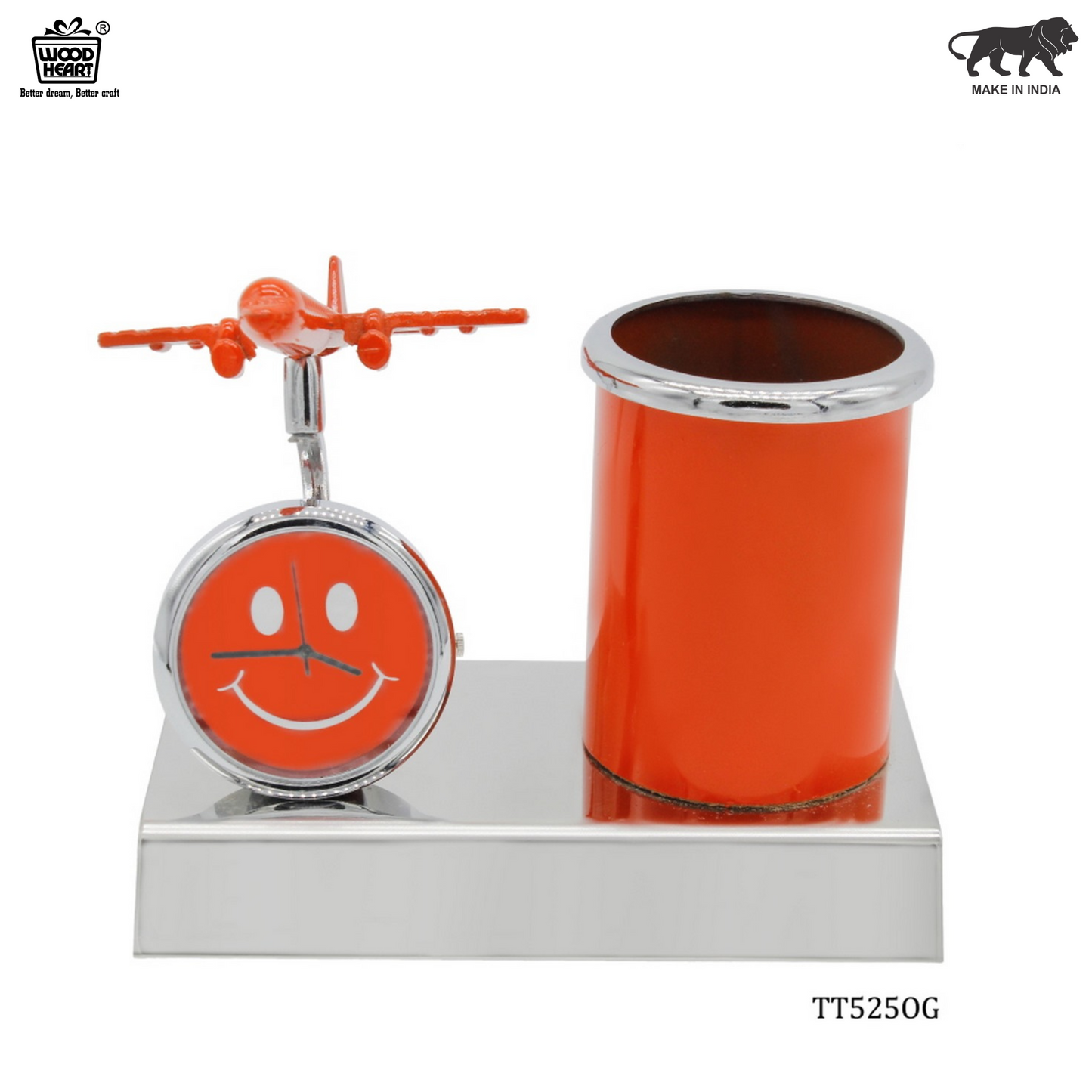 Wood Heart Airplane Clock & Pen Stand with Smiley Dial