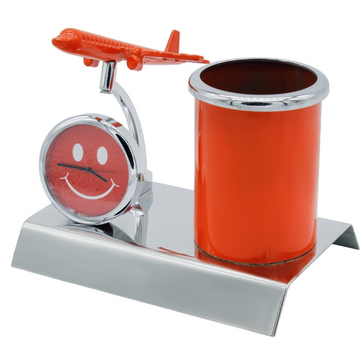 Wood Heart Airplane Clock & Pen Stand with Smiley Dial