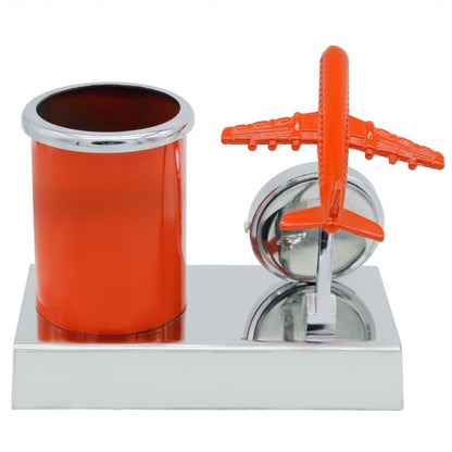 Wood Heart Airplane Clock & Pen Stand with Smiley Dial