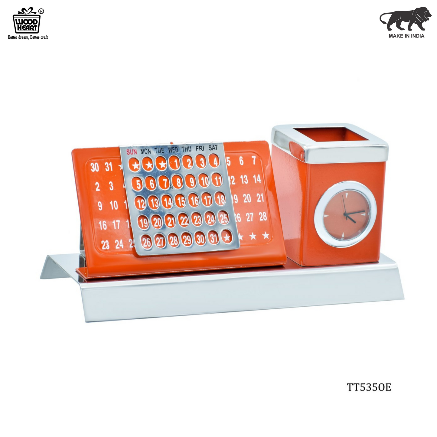 Wood Heart Desk Calendar with Clock & Pen Holder