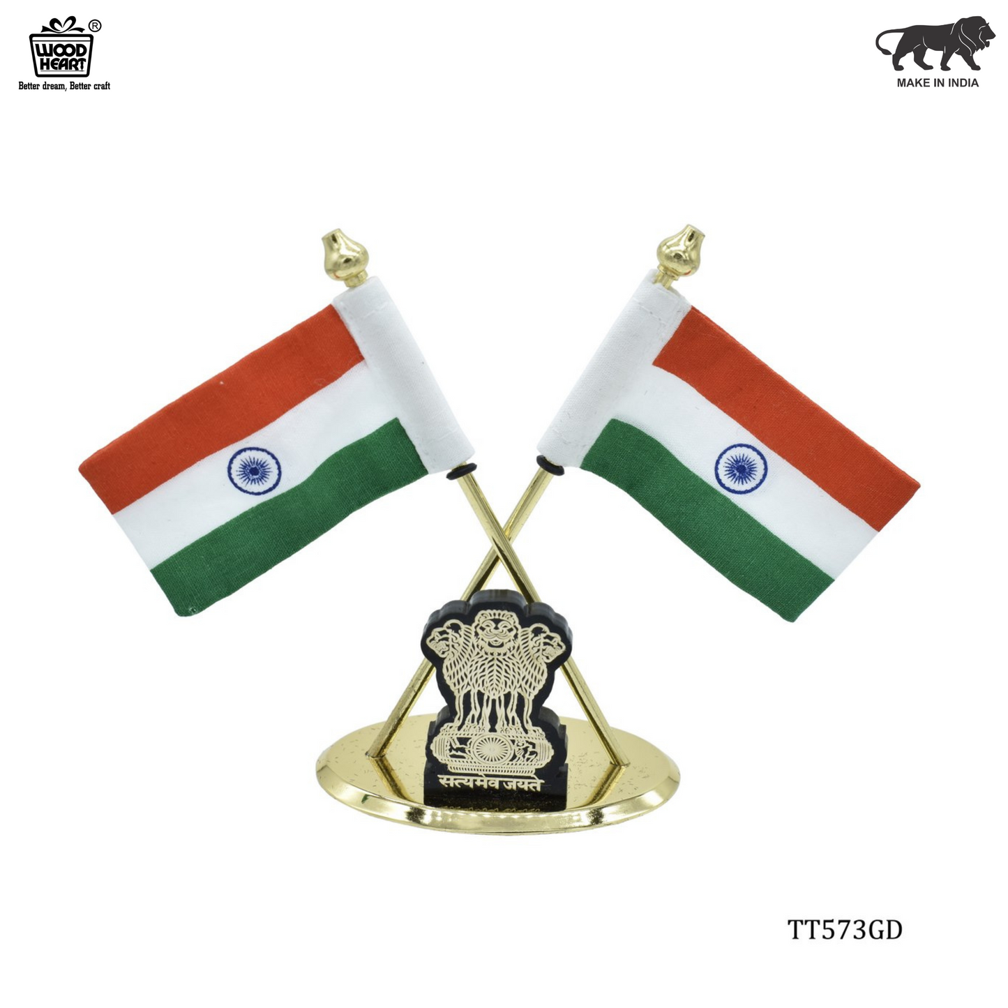 Twin Indian Flags with Ashoka Emblem – Golden Table Stand