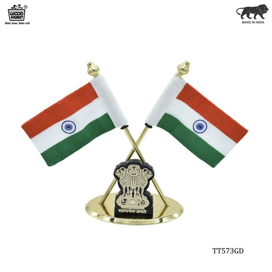 Twin Indian Flags with Ashoka Emblem – Golden Table Stand