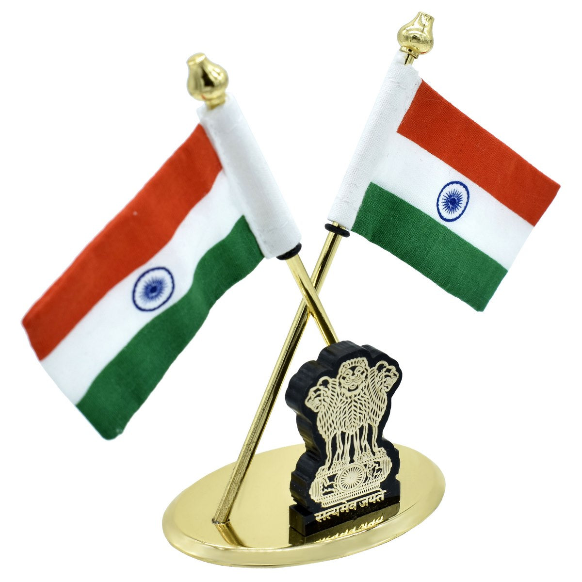 Twin Indian Flags with Ashoka Emblem – Golden Table Stand