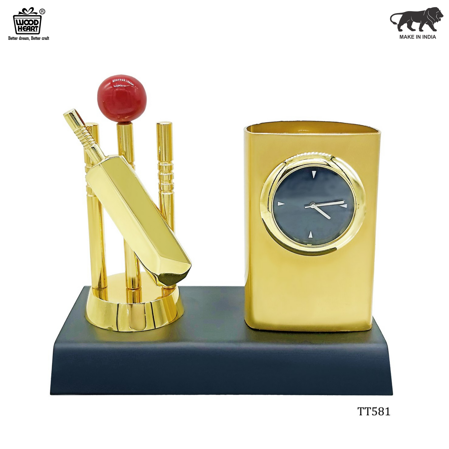 Wood Heart Cricket-Themed Tabletop Clock & Pen Holde