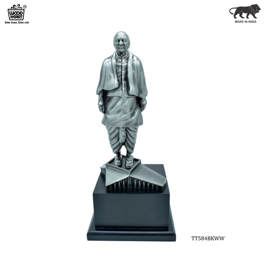Wood Heart Sardar Vallabhbhai Patel Metal Statue on Black Wooden Base