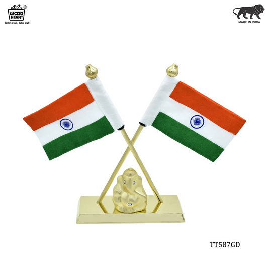 Twin Indian Flags with Golden Ganesha Idol – Tabletop Display