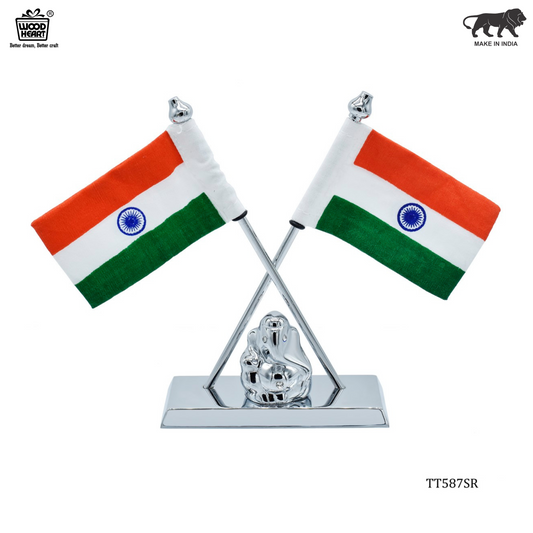 Twin Indian Flags with Silver Ganesha Idol – Tabletop Display
