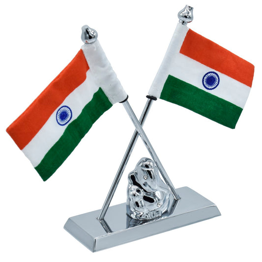Twin Indian Flags with Silver Ganesha Idol – Tabletop Display