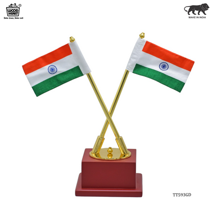 Twin Indian Flags with Wooden Base – Premium Tabletop Display