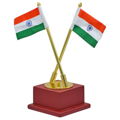 Twin Indian Flags with Wooden Base – Premium Tabletop Display
