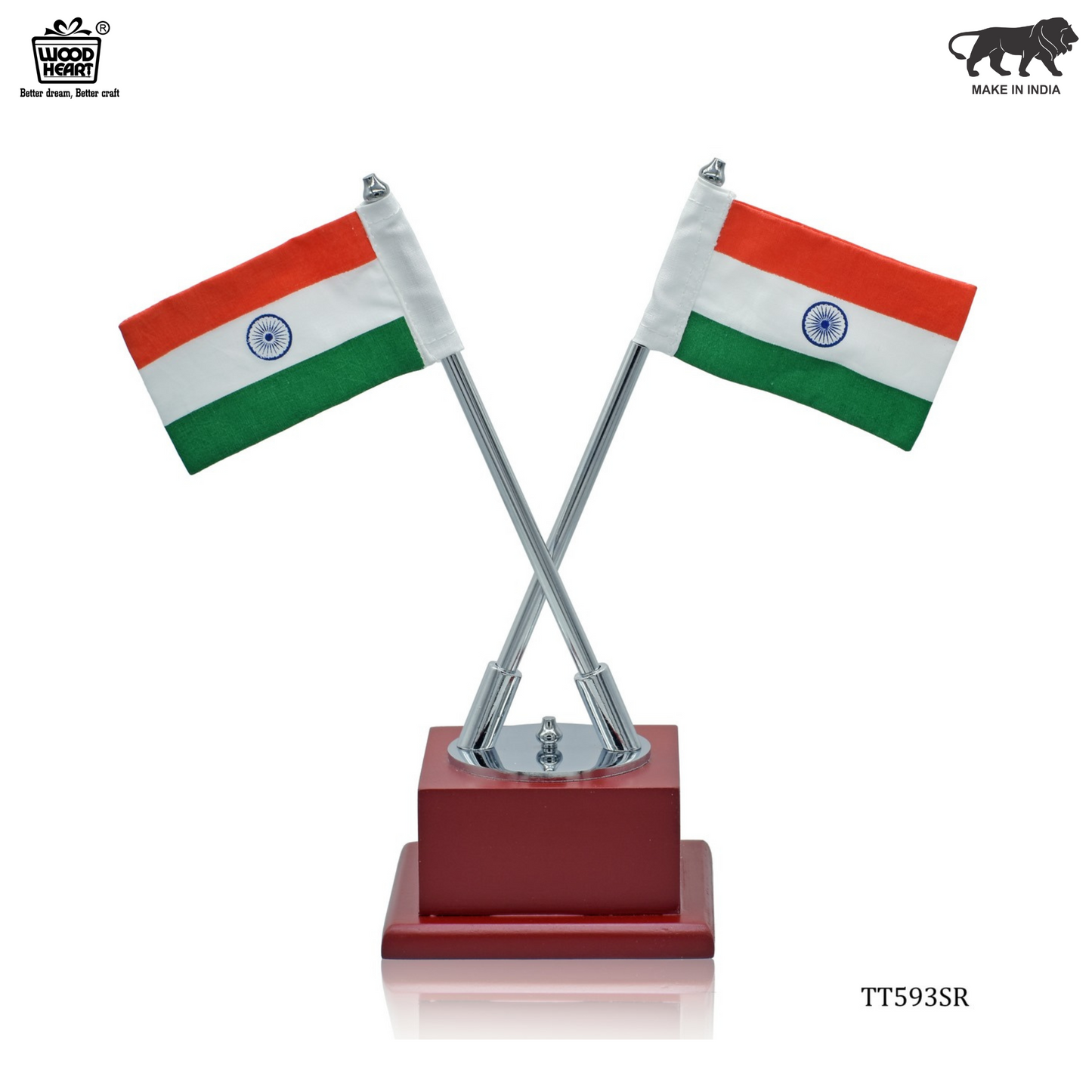 Twin Indian Flags with Wooden Base – Chrome Finish Tabletop Decor