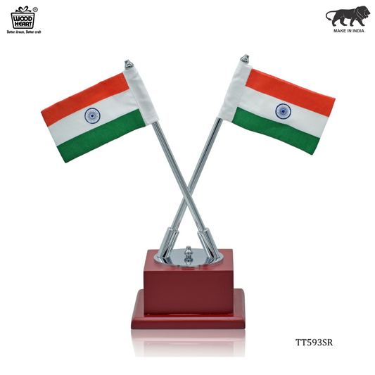 Twin Indian Flags with Wooden Base – Chrome Finish Tabletop Decor