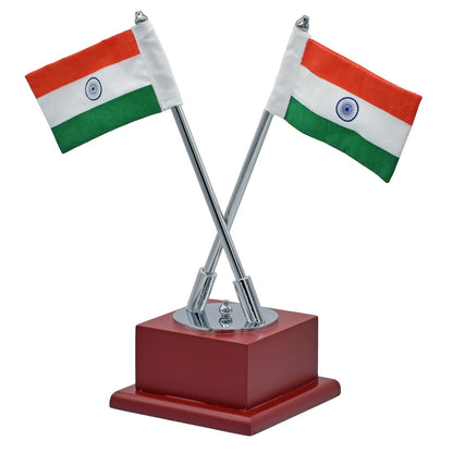 Twin Indian Flags with Wooden Base – Chrome Finish Tabletop Decor