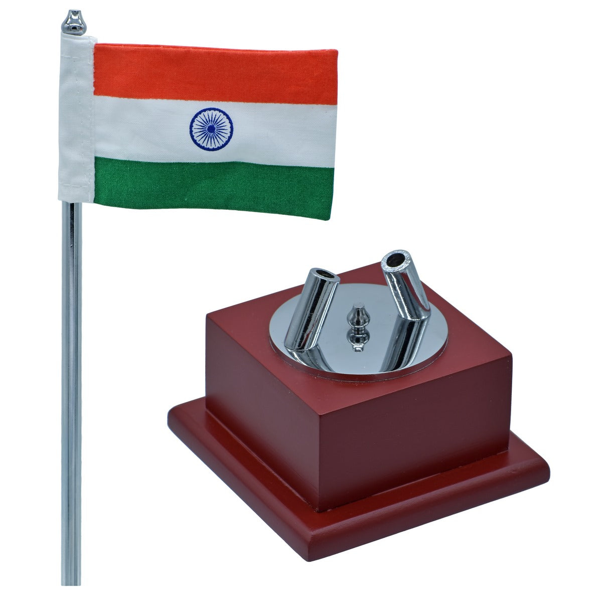 Twin Indian Flags with Wooden Base – Chrome Finish Tabletop Decor