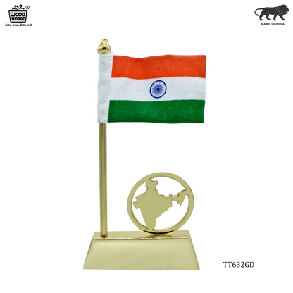 Single Indian Flag with India Map Base – Golden Finish Tabletop Decor