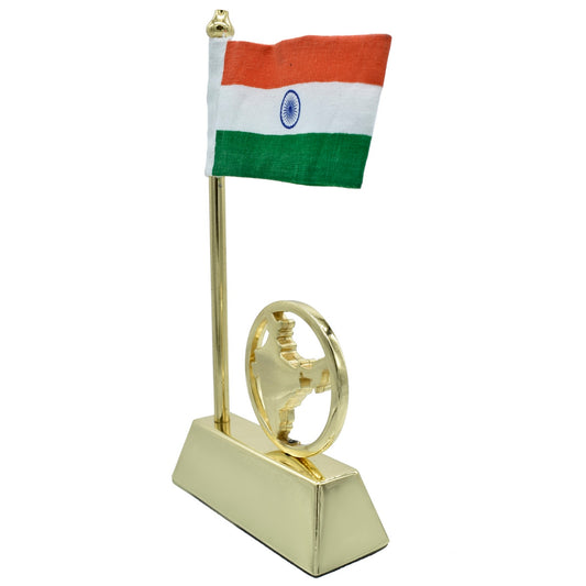 Single Indian Flag with India Map Base – Golden Finish Tabletop Decor